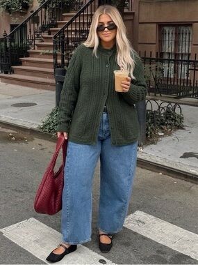 L.L.Bean 3X Olive Green Textured Knit Cardigan Sweater Plus Size Oversized Cozy